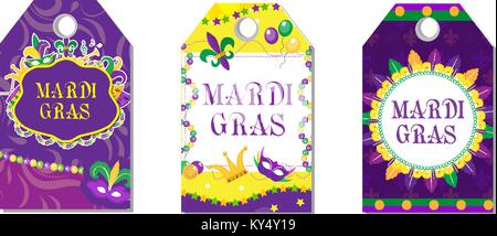 Mardi Gras carnival tags set. Labels collection with feather mask, bunting, beads. Holiday in the New Orleans. Fat Tuesday background templates for your design. Vector illustration. Stock Vector