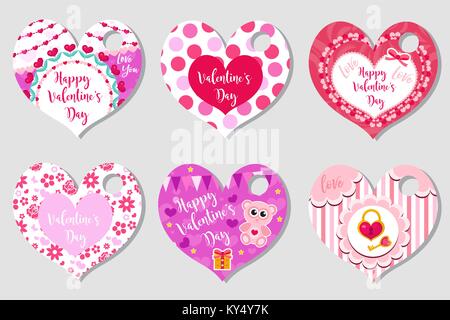 Happy Valentine's Day tags set in the shape of a heart. Labels collection with cute love symbol, romance. Holiday card background templates for your design. Vector illustration. Stock Vector