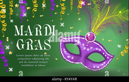 Mardi Gras carnival poster, invitation, greeting card. Happy Mardi Gras Template for your design with mask feathers. Holiday in New Orleans. Fat Tuesday background. Vector illustration. Stock Vector