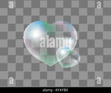 Realistic soap bubbles Heart-shaped realistic, 3d style. Isolated on a transparent background. Drops of water in a heart shape. Valentines day, love, romance concept. Vector illustration. Stock Vector