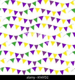 Mardi Gras flag seamless pattern. Bunting endless background. Carnival, festival repetitive texture. Backdrop, wallpaper. Vector illustration. Stock Vector