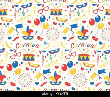 Happy Birthday or Carnival seamless pattern with mask feathers, balloons, confetti. Party endless background. Purim texture, wallpaper. Festival backdrop. Vector illustration. Stock Vector