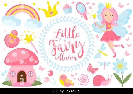 Little fairy set, cartoon style. Cute and mystical collection for girls with fairytale forest princess, magic wand, mushroom house, rainbow, mirror, birds, butterflies, flowers. Vector illustration. Stock Vector