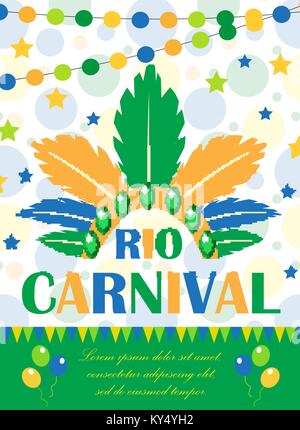 Rio carnival poster, invitation, flyer. Template for your design. Brazilian Festival, Masquerade background. Brazil party concept. Vector illustration. Stock Vector