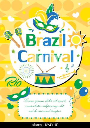 Welcome Brazil carnival poster, invitation, flyer. Templates for your design. Brazilian Festival, Masquerade background. Rio de Janeiro Travel concept. Vector illustration. Stock Vector