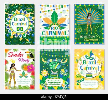 Welcome Brazil carnival set poster, invitation. Collection templates for your design with mask, hat, feathers. Brazilian Festival, Masquerade background. Rio de Janeiro Travel concept. Vector. Stock Vector