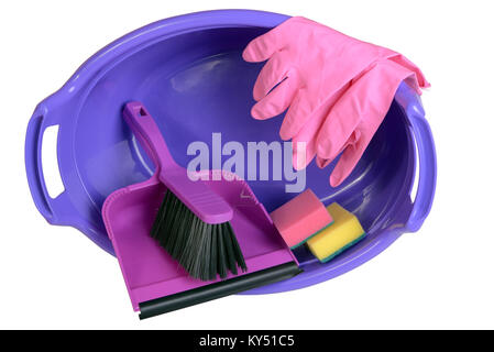Sponges, rag for cleaning, rubber gloves, dustpan and hand brush in plastic basin, isolated on white Stock Photo