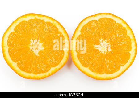 Two halves of an fresh orange on a white background Stock Photo