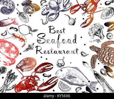 Hand drawn sketch style seafood with vegetables and fruits. Vector illustration. Stock Vector