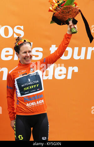 Amanda Spratt on the podium after winning stage 3 of the Womens Tour Down Under in Hahndorf Australia Credit: James Azzurro/Alamy Live News Stock Photo