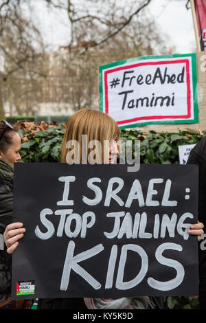 London, UK. 13th Jan, 2018. Pro-Palestinian activists protest outside the US embassy to call for the release by the Israeli authorities of 16-year-old Ahed Tamimi, from the village of Nabi Saleh in the West Bank. Ahed Tamimi was detained by Israeli soldiers during a raid on her family home at 4am on 19th December. Ahed's mother, Nariman, and cousin Nour have also been detained. Credit: Mark Kerrison/Alamy Live News Stock Photo