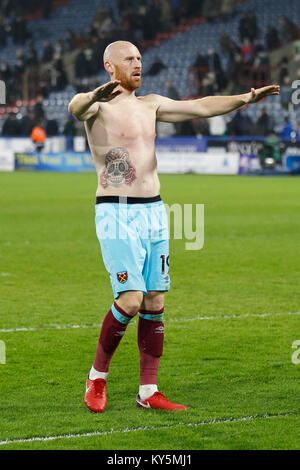 Huddersfield, UK. 13th Jan, 2018. James Collins of West Ham United celebrates after the Premier League match between Huddersfield Town and West Ham United at John Smith's Stadium on January 13th 2018 in Huddersfield, England. (Photo by Daniel Chesterton/phcimages.com) Credit: PHC Images/Alamy Live News Stock Photo