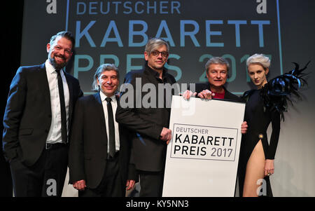 Award winners at the Deutscher Kabarett-Preis 2017 (German Cabaret Awards) ceremony at the Tafelhalle in Nuremberg, Germany, 13 Janaury 2018. Cabarett-Duo ONKeL fISCH, Adrian Engels and Markus Riedinger, (l-r, special award), artist Mathias Tretter (main award), Austrian cabaret performer Alfred Dorfer (last year's award winner) and Austrian caberet performer Lisa Eckhart (Foerderpreis award). Tretter won the main award worth 6,000 euros. Photo: Daniel Karmann/dpa Stock Photo
