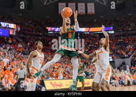 Miami Hurricanes guard Bruce Brown Jr. (11) during 1st half action of the NCAA basketball game between the Miami Hurricanes and Clemson Tigers on Saturday, January 13, 2018 at Littlejohn Coliseum in Clemson, SC. David Grooms/CSM Stock Photo