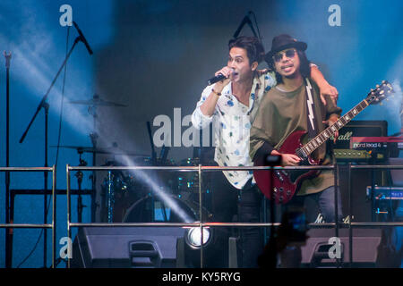 Sam and Paan is seen at the Gegaria Fest held at Shah Alam, Selangor.  Gegaria Fest is a festival with a goal of uniting youth and encouraging them to express themselves and it were held at Shah Alam, Selangor on 13th January 2018. The highlight for the event is a performance from famous band from Malaysia which is Akim & The Majistret and Bunkface. Stock Photo