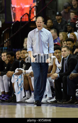 Seattle, WA, USA. 13th Jan, 2018. Washington Head Coach Mike Hopkins showing his intensity during a PAC12 basketball game between the Washington Huskies and Stanford Cardinal. The game was played at Hec Ed Pavilion in Seattle, WA. Jeff Halstead/CSM/Alamy Live News Stock Photo