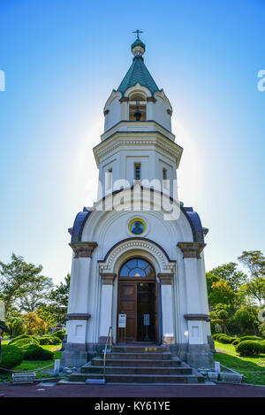 Hokkaido, Japan - Oct 1, 2017. View of Hakodate Orthodox Church at sunny day in Hokkaido, Japan. The Church founded in 1859 by the Russian Consulate. Stock Photo