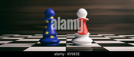 Japan and EU cooperation concept. Japan and European Union flags on chess pawns soldiers on a chessboard. 3d illustration Stock Photo