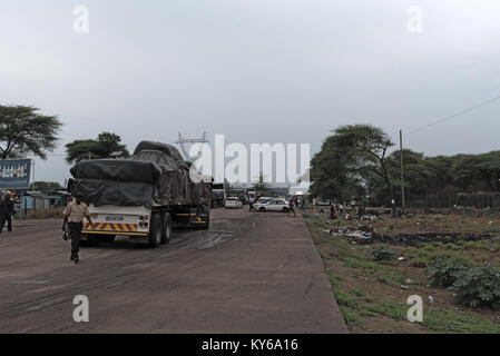 Ferry terminal and cross-border Kazungula at the Zambezi River in Zambia Stock Photo