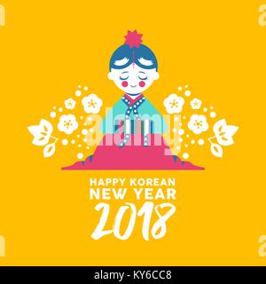Happy Korean New Year 2018 greeting card, cute girl bowing for happiness and good fortune. Kid in colorful traditional hanbok dress with text quote, f Stock Vector