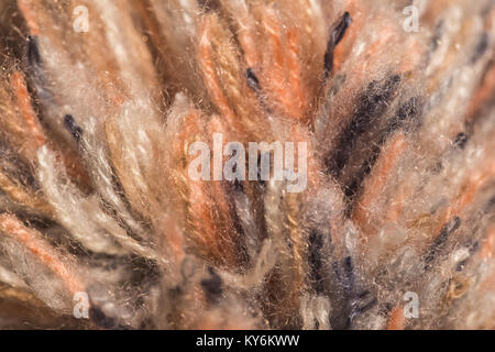 Macro color image of knitted fluffy colorful texture of pompon of winter hat. Stock Photo