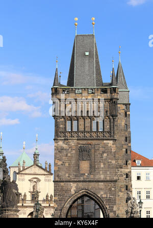 Prague, Czech Republic - August 23, 2016: Ancient Tower on Charles Bridge Stock Photo