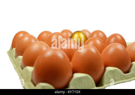 Golden Egg in a box of normal eggs with white isolated Stock Photo