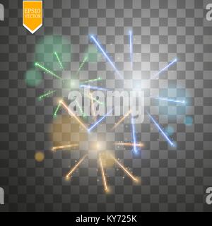 Colorful firework explosion on transparent background. White, gold and yellow lights. New Year, birthday and holiday celebration firework on black. Abstract Vector illustration Stock Vector