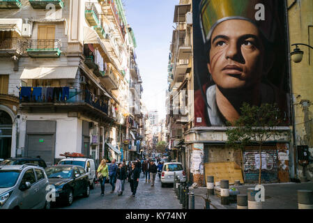 Naples. Italy. An image of San Gennaro, patron saint of the city, by the artist Jorit Agoch, 2015, in the Forcella district. Stock Photo