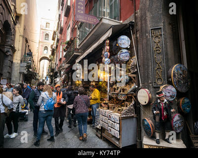 Naples. Italy. Via San Gregorio Armeno, famous for it's figurines of Neapolitan characters & nativity scenes. Stock Photo