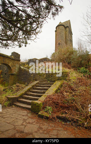 The Pigeon Tower in the Terraced Gardens at Rivington, previously part of the estate of Lord Leverhulme. Steps and various architectural features. Stock Photo