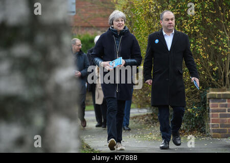 Prime Minister Theresa May campaigning in south west London, with MP for Sutton and Cheam Paul Scully. Stock Photo