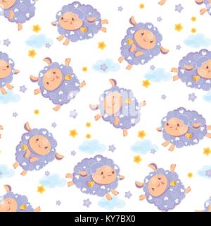 Seamless pattern of counting cute sheep to fall asleep. Cartoon happy jumping sheep with stars and clouds for baby clothing. Vector background digital paper for print Stock Vector