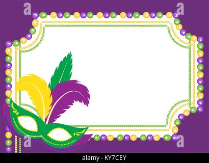 Mardi Gras beads colored frame with a mask, isolated on white background. Template poster. Vector illustration. Stock Vector
