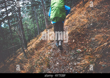Backpacker hiking in forest landscape Travel Lifestyle concept adventure active vacations outdoor into the wild Stock Photo
