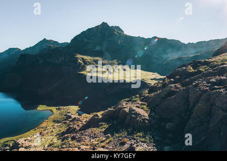 Morning Mountains and lake aerial view idyllic Landscape Summer Travel tranquil scene Stock Photo