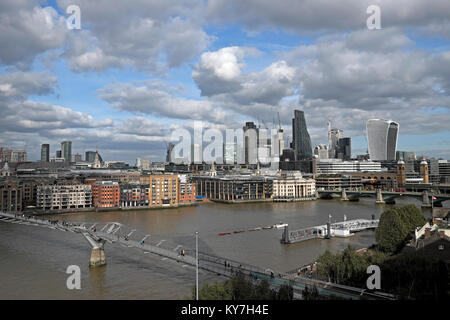 City of London skyline cityscape view of the financial district skyscrapers Millennium Bridge and River Thames Central London England UK  KATHY DEWITT Stock Photo