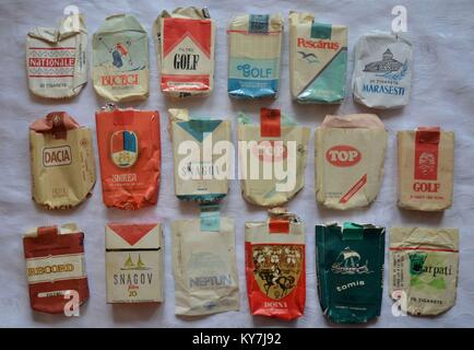 Cigarette packs of communist Romania, bought between 1987 and 1990, from the Epoca de aur, nostalgy Stock Photo