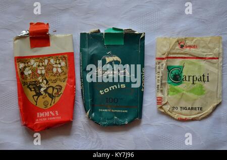 Cigarette packs of communist Romania, bought between 1987 and 1990, from the Epoca de aur, nostalgy: Doina, Tomis, Carpati Stock Photo