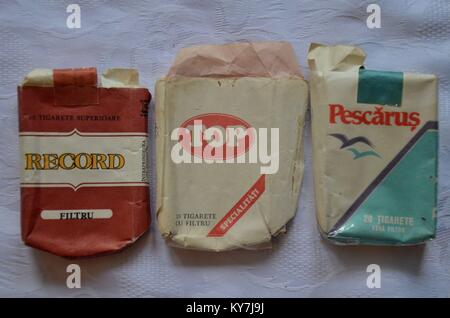 Cigarette packs of communist Romania, bought between 1987 and 1990, from the Epoca de aur, nostalgy: Record, Top and Pescarus Stock Photo