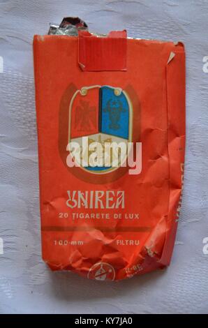 Cigarette packs of communist Romania, bought between 1987 and 1990, from the Epoca de aur, nostalgy: Unirea, de luxe Stock Photo