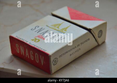 Cigarette packs of communist Romania, bought between 1987 and 1990, from the Epoca de aur, nostalgy: Snagov filtru Stock Photo