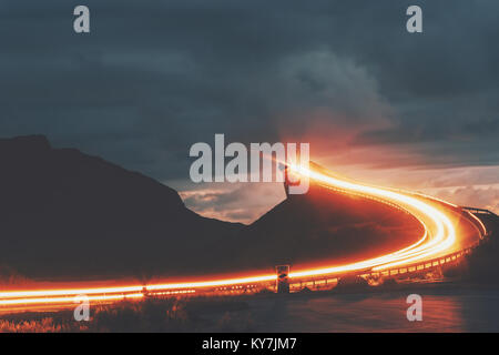 Atlantic road in Norway night Storseisundet bridge over ocean way to sky scandinavian travel landmarks Stock Photo