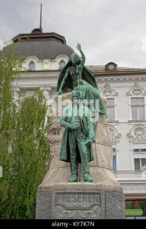Monument to Slovenian national poet France Prešeren in Ljubljana, Slovenia. Sitting above the poet you see his muse. Stock Photo