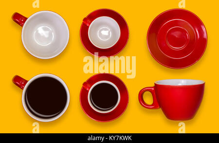 Set of empty and full red cups and a saucers. Coffee set on a yellow background. Stock Photo