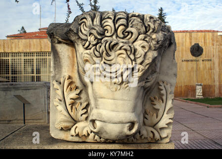 Sheep's head and entrance to Aphrodisias museum, Turkey Stock Photo