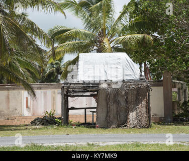 TADINE,MARE,NEW CALEDONIA-DECEMBER 3,2016: Rustic shelter and coconut palms on the shore road at Yejele Beach in Mare, New Caledonia Stock Photo