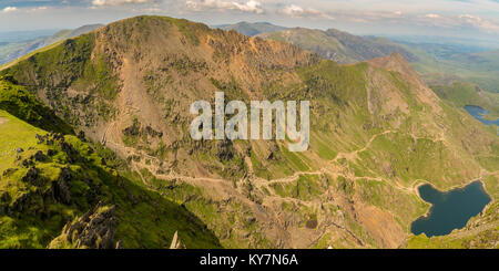 View from Mount Snowdon, Snowdonia, Gwynedd, Wales, UK - looking northeast at Garnedd Ugain, Crib Goch, Glaslyn and Llyn Llydaw Stock Photo