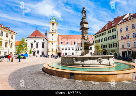 BRATISLAVA, SLOVAKIA - MAY 11, 2017: Bratislava Old Town Hall is a complex of buildings in the Old Town of Bratislava, Slovakia. Old Town Hall is the  Stock Photo