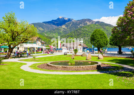 ST. GILGEN, AUSTRIA - MAY 17, 2017: Public park in St Gilgen village, Salzkammergut region of Austria. St Gilgen located at Wolfgangsee Lake. Stock Photo